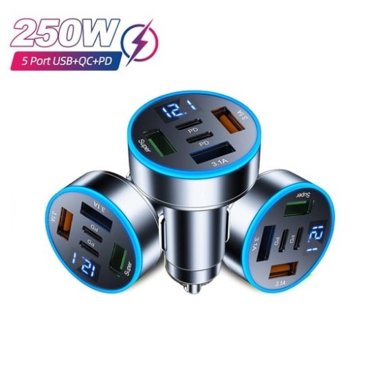 250W Car Charger 5 In 1 Fast Charging Adapter 3USB +2PD