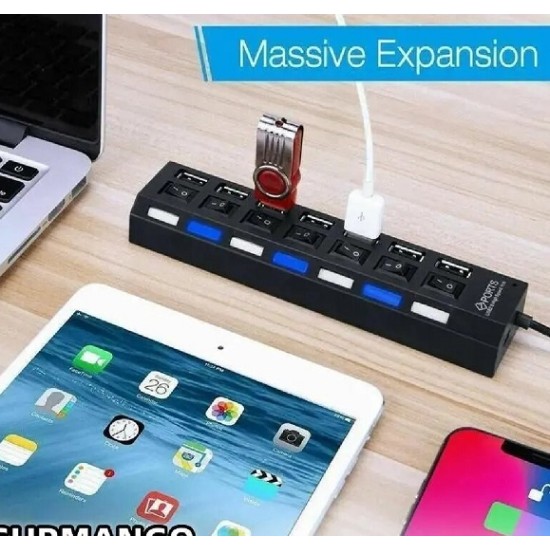 7 Port USB Hub Multiple Expander Hub with Switch 30CM Cable